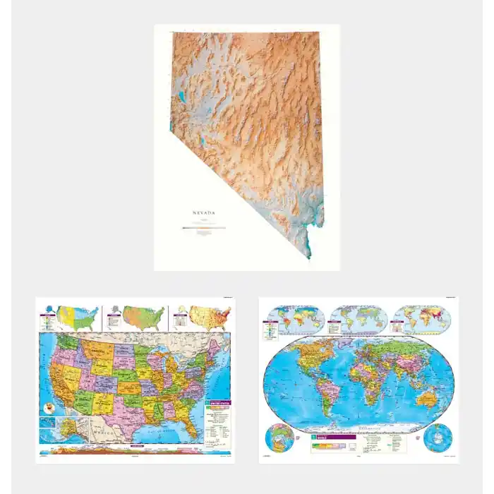 Final Sale Social Studies NEVADA/U.S./WORLD MAP COMBO, Markable, Erasable, Grades 4-12